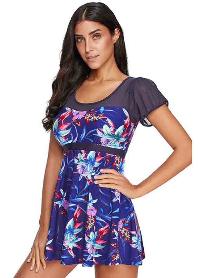 O Neck High Waist Floral Pattern Padded Beach Mini Dress Multicolor - Image 4