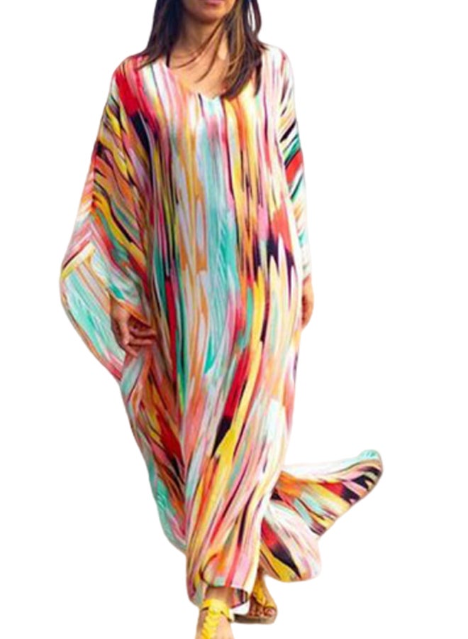 O Neck Long Sleeve Block Beach Dress Multicolour - Image 1