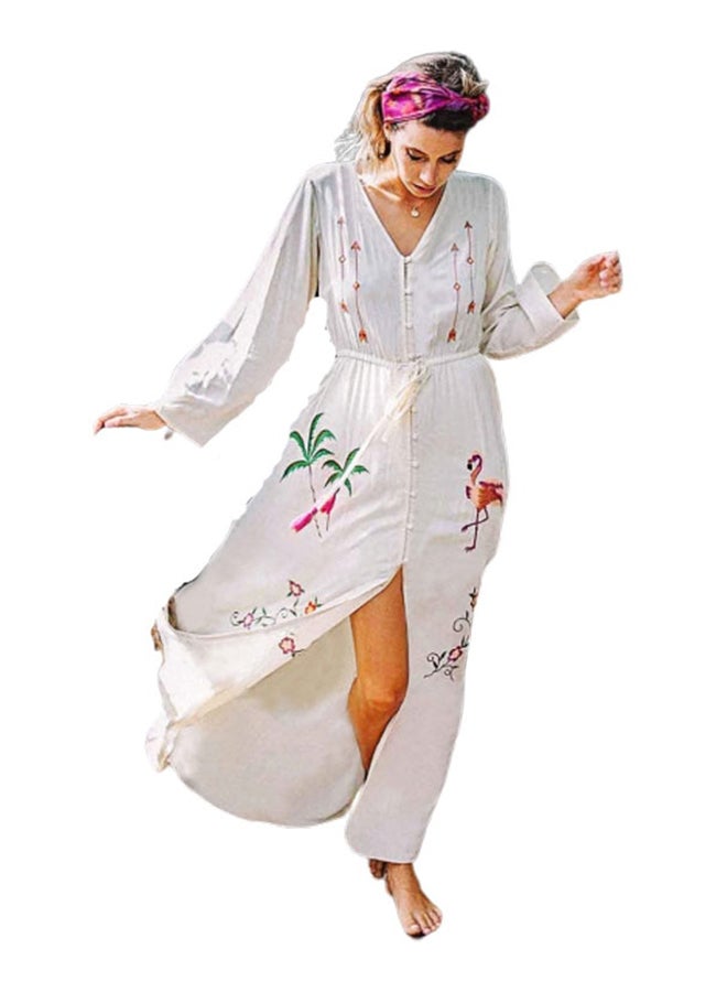 V Neck Embroidery Maxi Long Cover Up White - Image 1