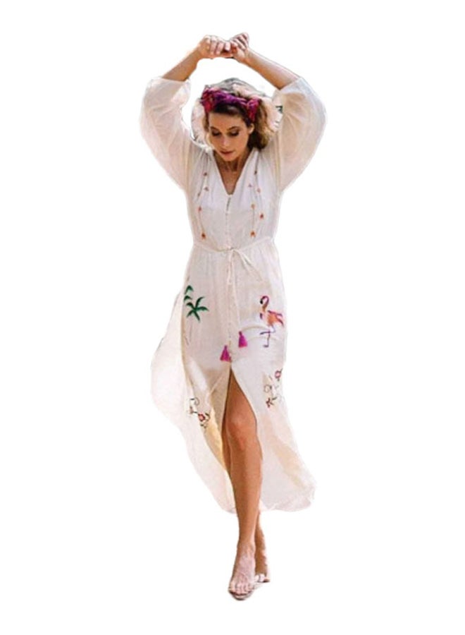 V Neck Embroidery Maxi Long Cover Up White - Image 3