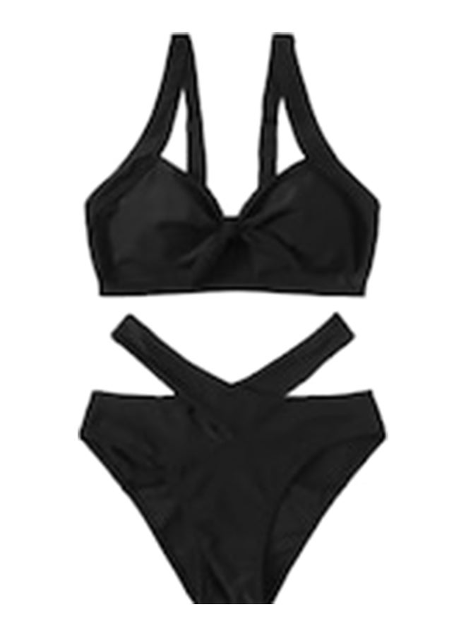 2-Piece Swimming Solid Elastic Breathable Bikini Set Black - Image 1