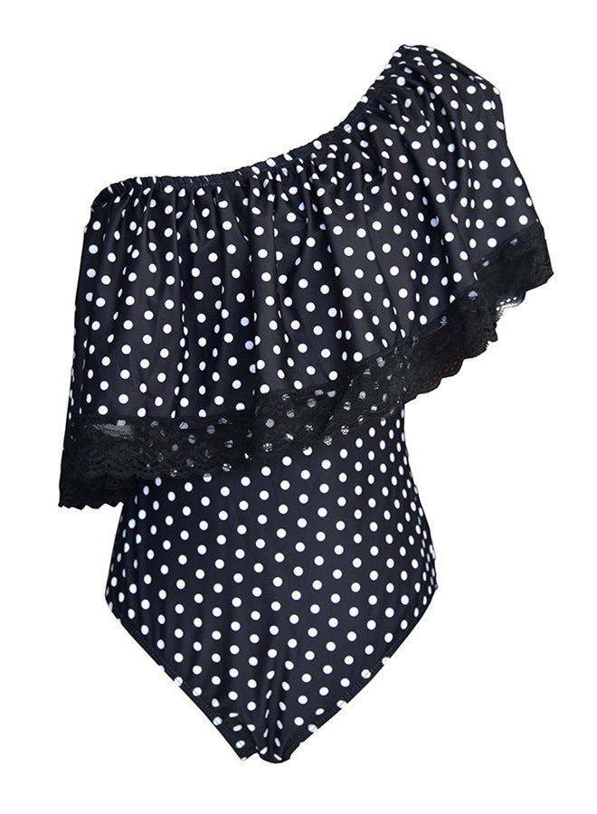 Ruffles Patchwork Design Polka Dots Sweet Breathable Swimwear Black - Image 1