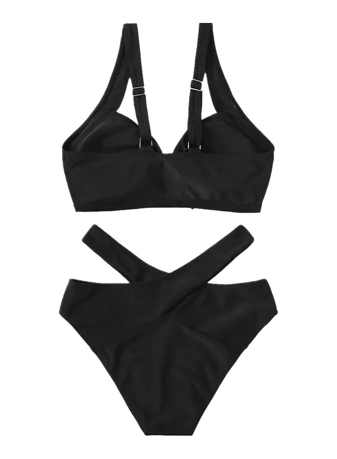 2-Piece Swimming Solid Elastic Breathable Bikini Set Black - Image 3