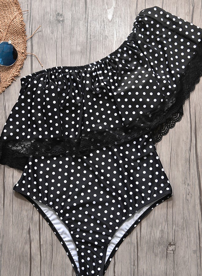 Ruffles Patchwork Design Polka Dots Sweet Breathable Swimwear Black - Image 2