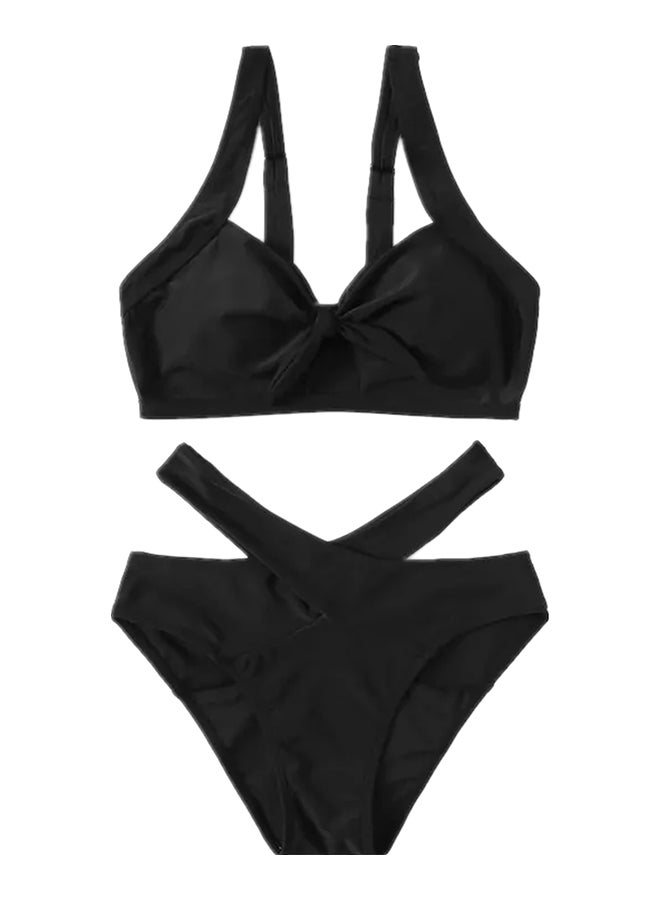 2-Piece Swimming Solid Elastic Breathable Bikini Set Black - Image 2