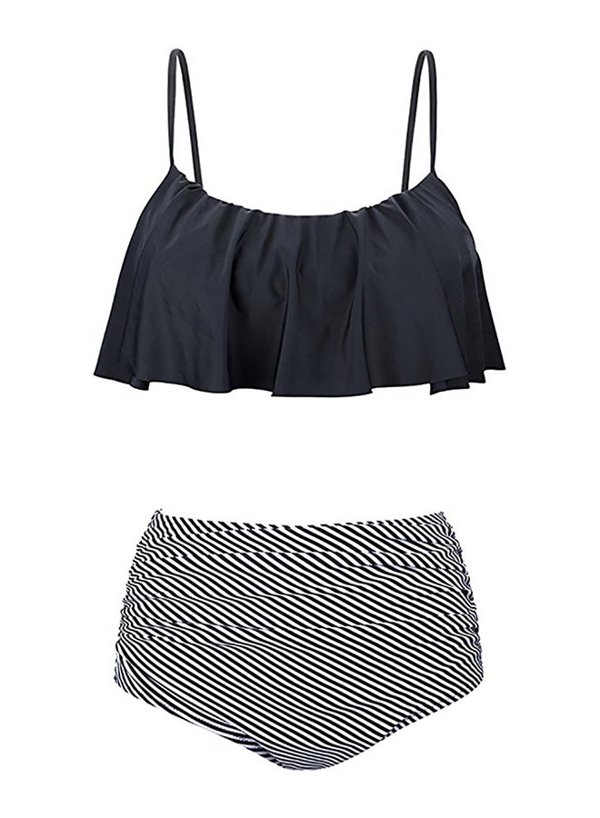 مجموعة بيكيني مزين بكشكشة وخصر مرتفع مع أربطة رفيعة أسود - Image 1