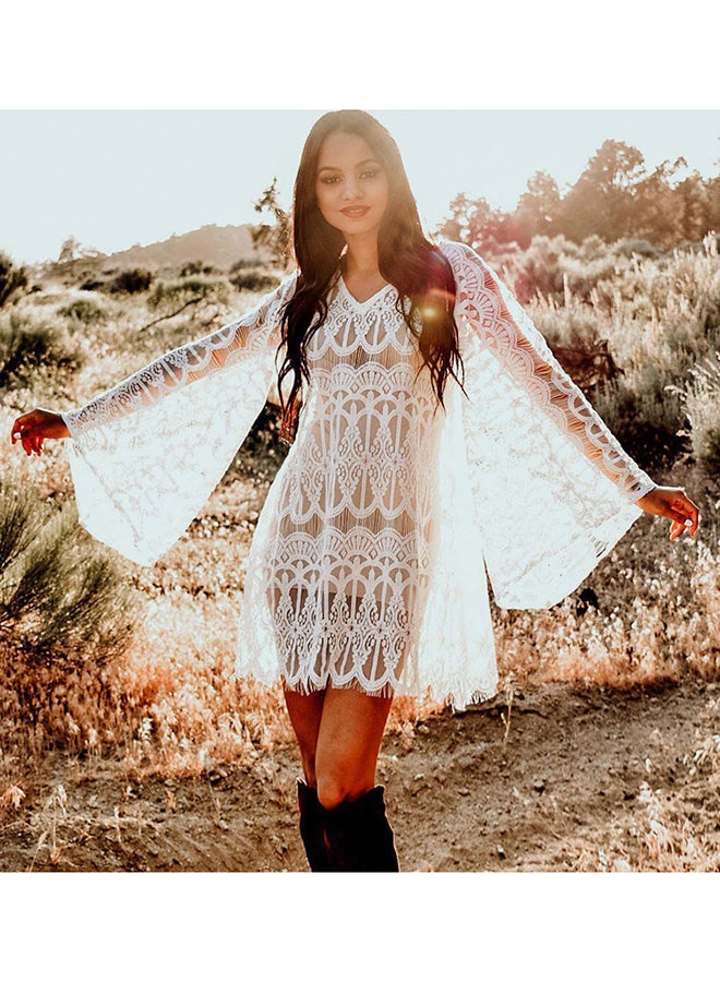 Fashion Solid Flare Sleeve Lace Cover Up Dress White - Image 2