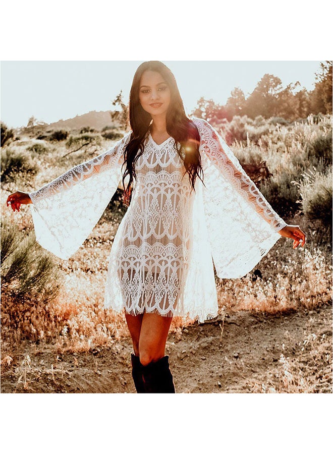 Fashion Solid Flare Sleeve Lace Cover Up Dress White - Image 3