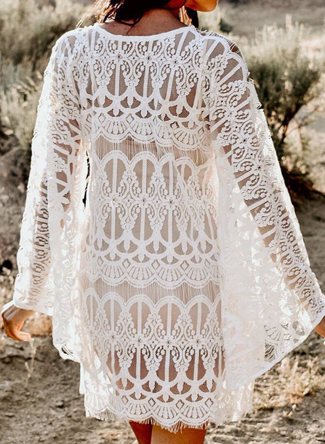 Fashion Solid Flare Sleeve Lace Cover Up Dress White - Image 4