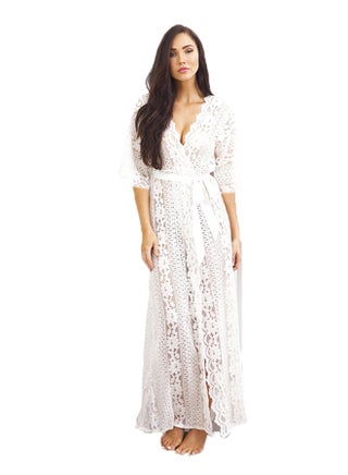 One Piece Cover Up V Neck Lace Design Beach Maxi Long Swimwear White - v1573649247/N31879979V_1