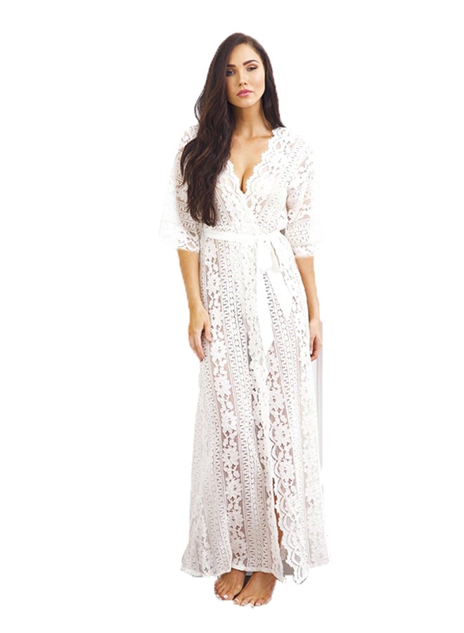 Generic - One Piece Cover Up V Neck Lace Design Beach Maxi Long Swimwear White - Image 1