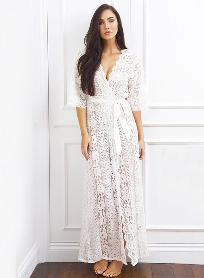 Generic - One Piece Cover Up V Neck Lace Design Beach Maxi Long Swimwear White - Image 1