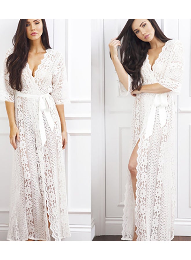Generic - One Piece Cover Up V Neck Lace Design Beach Maxi Long Swimwear White - Image 1