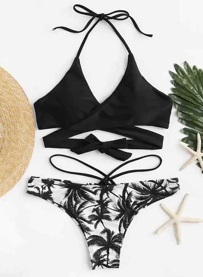 2-Piece Bikinis Floral Hollow Out Fashion Beach Swimwear Set Black - Image 2