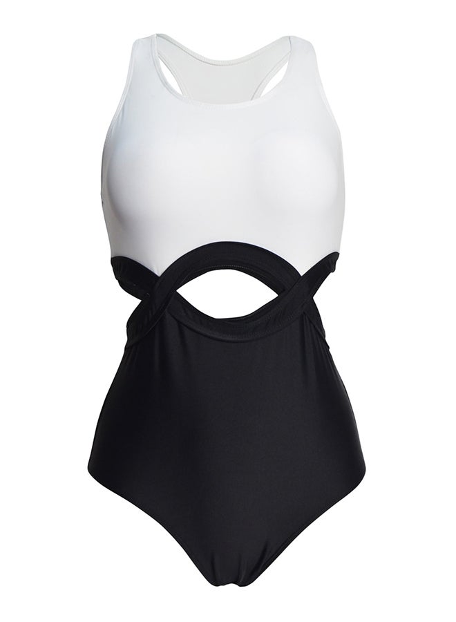Patchwork Colorblock Hollow Out One Piece Swimsuit White - Image 1