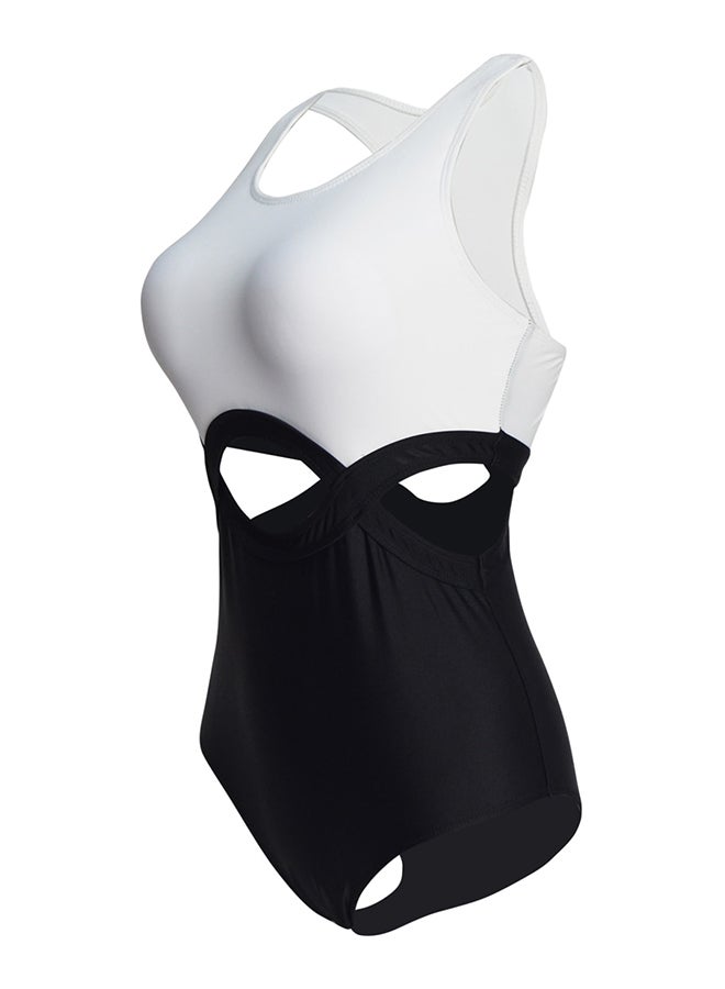 Patchwork Colorblock Hollow Out One Piece Swimsuit White - Image 2