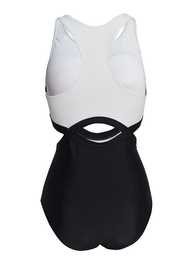 Patchwork Colorblock Hollow Out One Piece Swimsuit White - Image 3