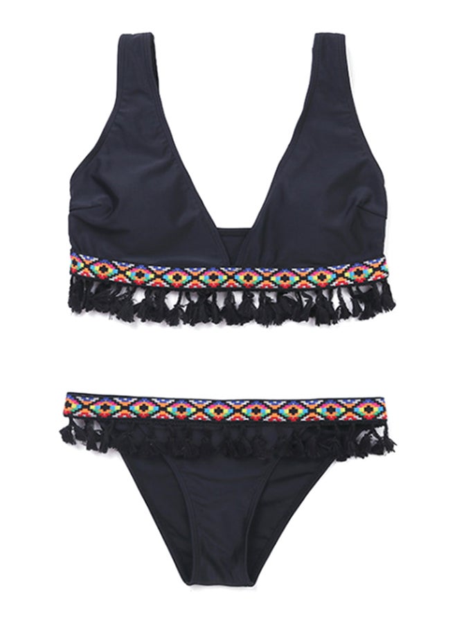 2-Piece Patchwork Tassels Design Bikini Set Multicolor - Image 1