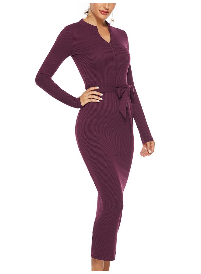 Casual Round Neck Long Sleeve Midi Dress Purple - Image 3