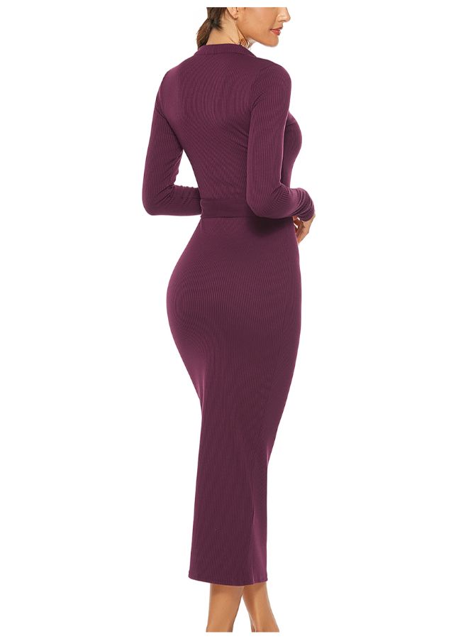 Casual Round Neck Long Sleeve Midi Dress Purple - Image 2