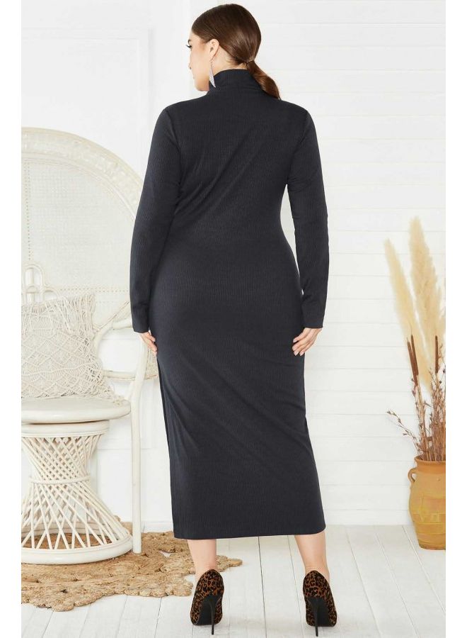 Casual Turtle Neck Long Sleeve Midi Dress Black  - Image 2