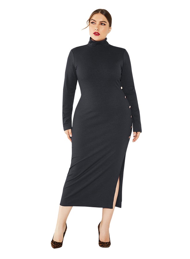 Casual Turtle Neck Long Sleeve Midi Dress Black  - Image 1
