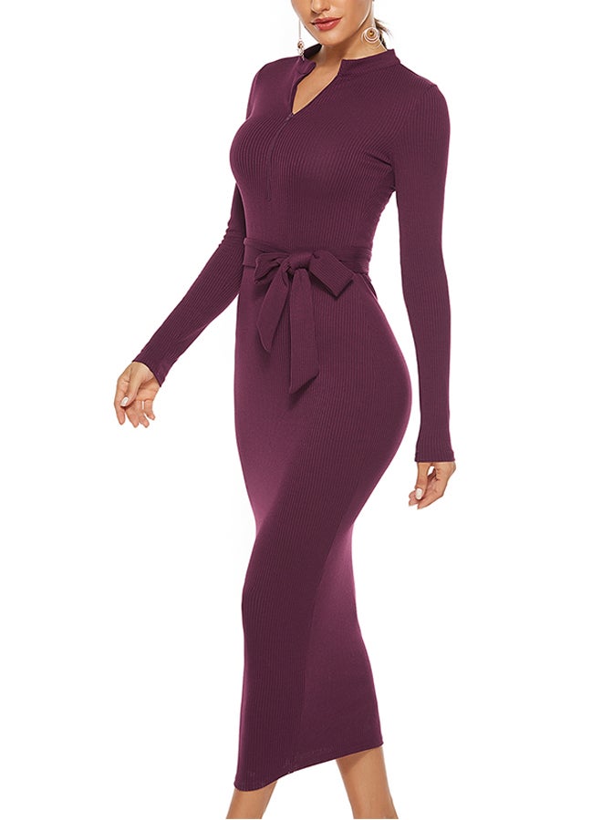 Casual Round Neck Long Sleeve Midi Dress Purple - Image 1