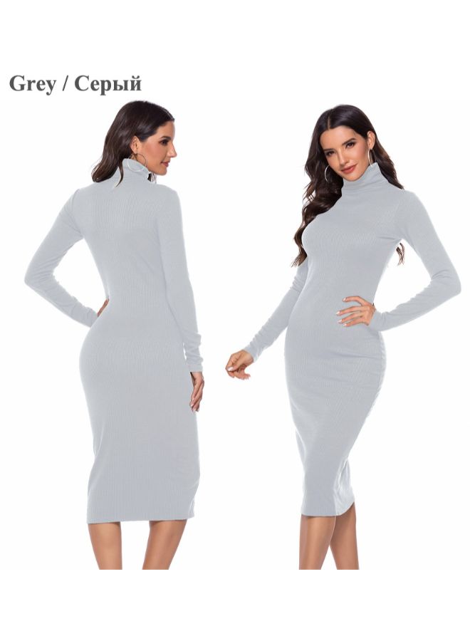 Casual Turtle Neck Long Sleeve Midi Dress Grey  - Image 2