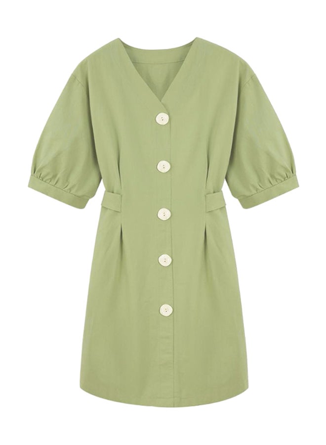 V Neck Single Breasted Solid Color Dress Green - Image 1