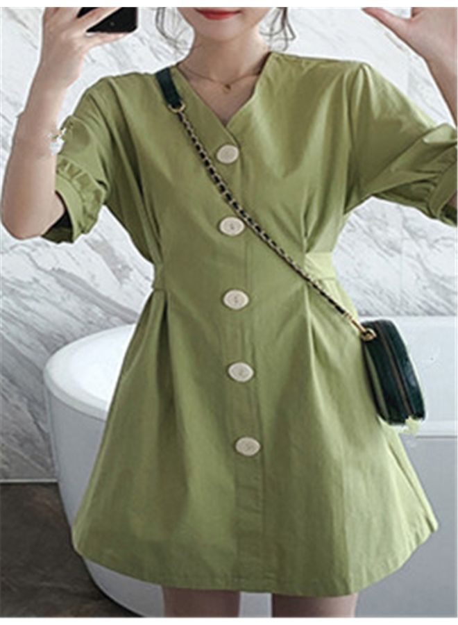 V Neck Single Breasted Solid Color Dress Green - Image 2