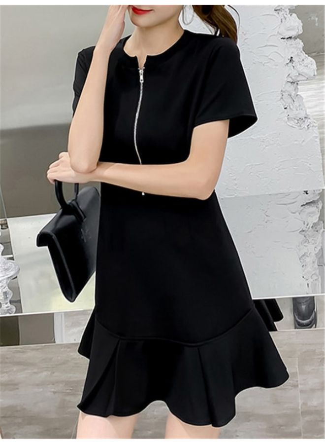 Solid Pattern A Line Short Sleeve Mini Dress Black  - Image 2