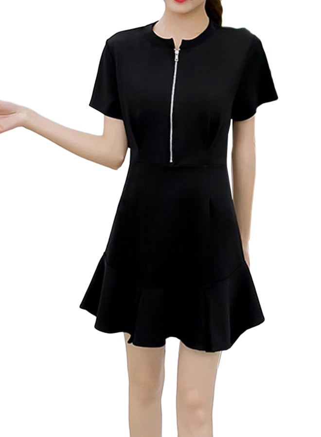 Solid Pattern A Line Short Sleeve Mini Dress Black  - Image 1