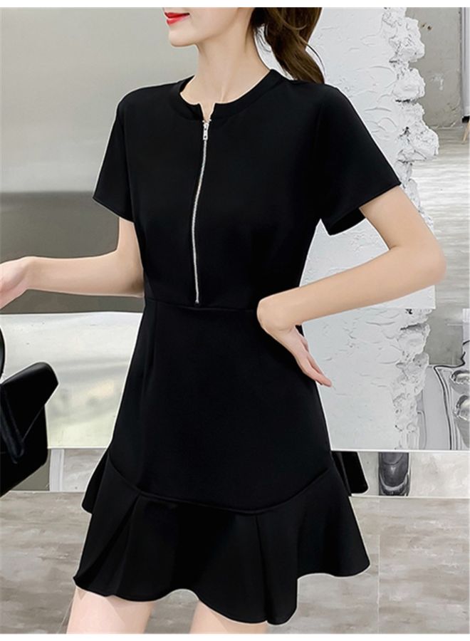 Solid Pattern A Line Short Sleeve Mini Dress Black  - Image 3