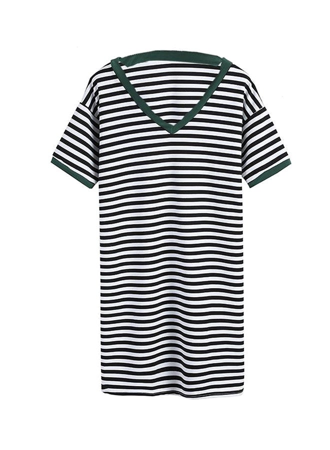 Casual V Neck T-Shirt Striped Fashion Loose Dress Black/White - Image 1