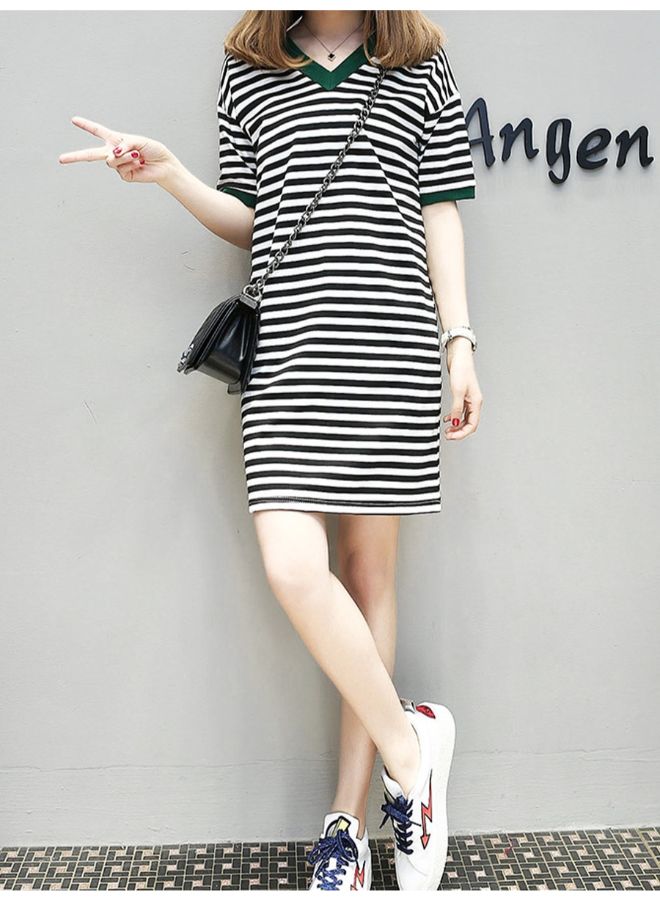 Casual V Neck T-Shirt Striped Fashion Loose Dress Black/White - Image 2
