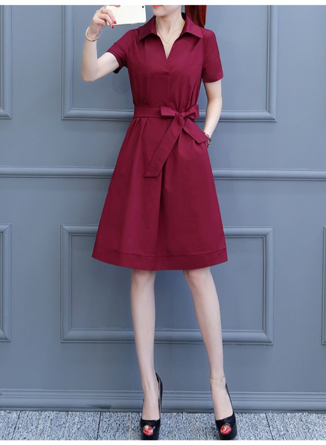 A Line Short Sleeve Midi Dress Red  - Image 2