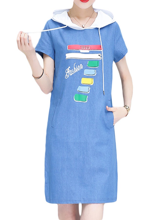 Casual Short Sleeve Midi Shift Dress Blue/White - Image 1
