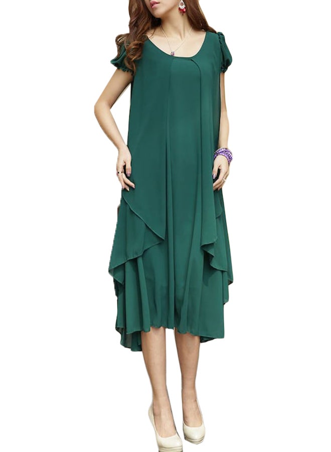 فستان عصري متوسط الطول بتصميم سادة ورقبة مستديرة وقصة غير متماثلة أخضر - Image 1