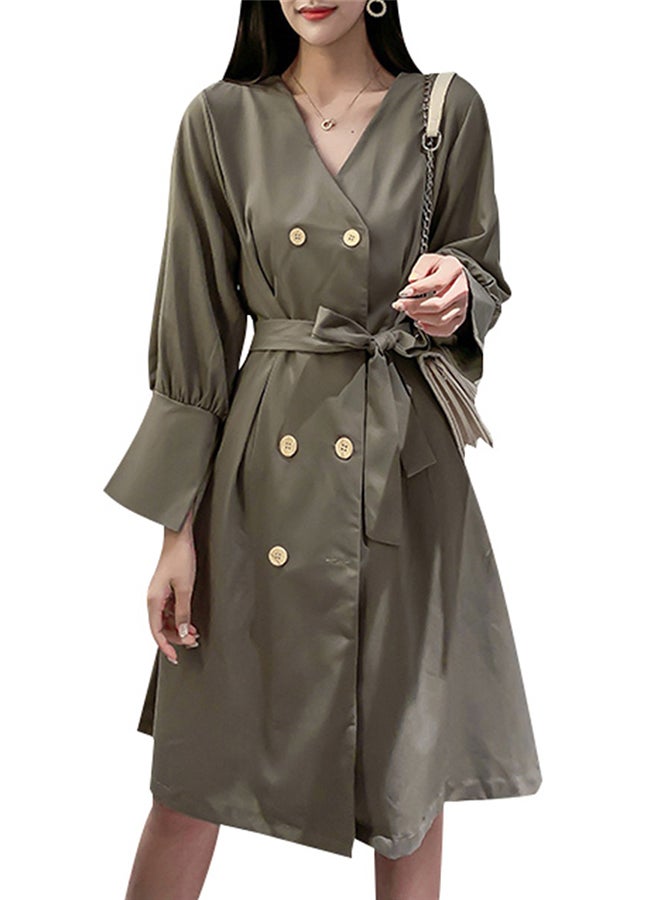 فستان أنيق بأكمام طويلة وخصر مرتفع ورقبة على شكل حرف V أخضر - Image 1