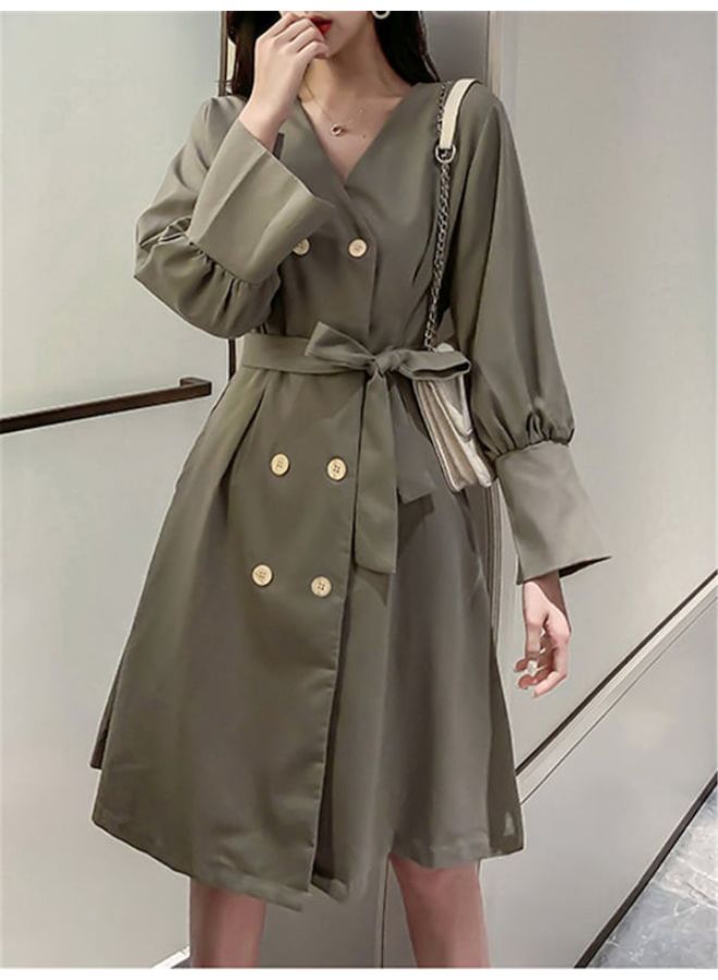 فستان أنيق بأكمام طويلة وخصر مرتفع ورقبة على شكل حرف V أخضر - Image 2