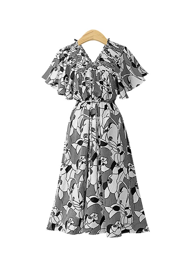 A Line Slash Neck Belt Print Dress Black - Image 1
