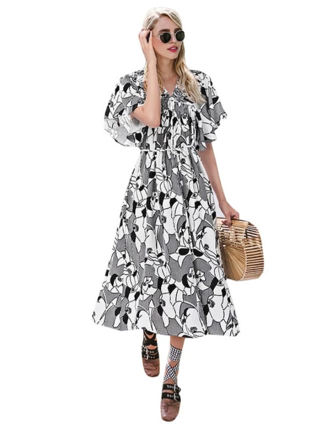 A Line Slash Neck Belt Print Dress Black - Image 2