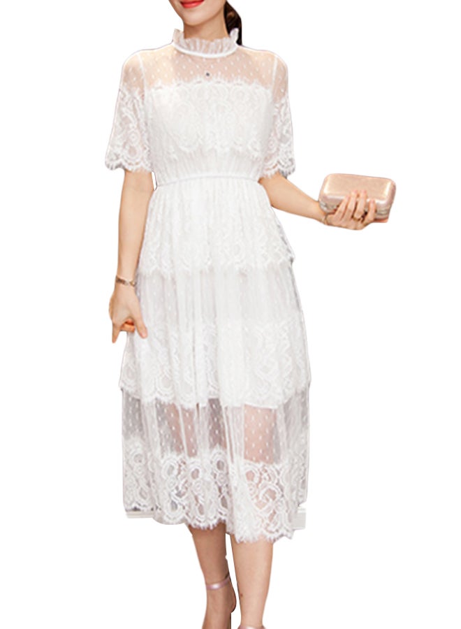 Stand Collar Lace Patchwork Tiered Dress White - Image 1
