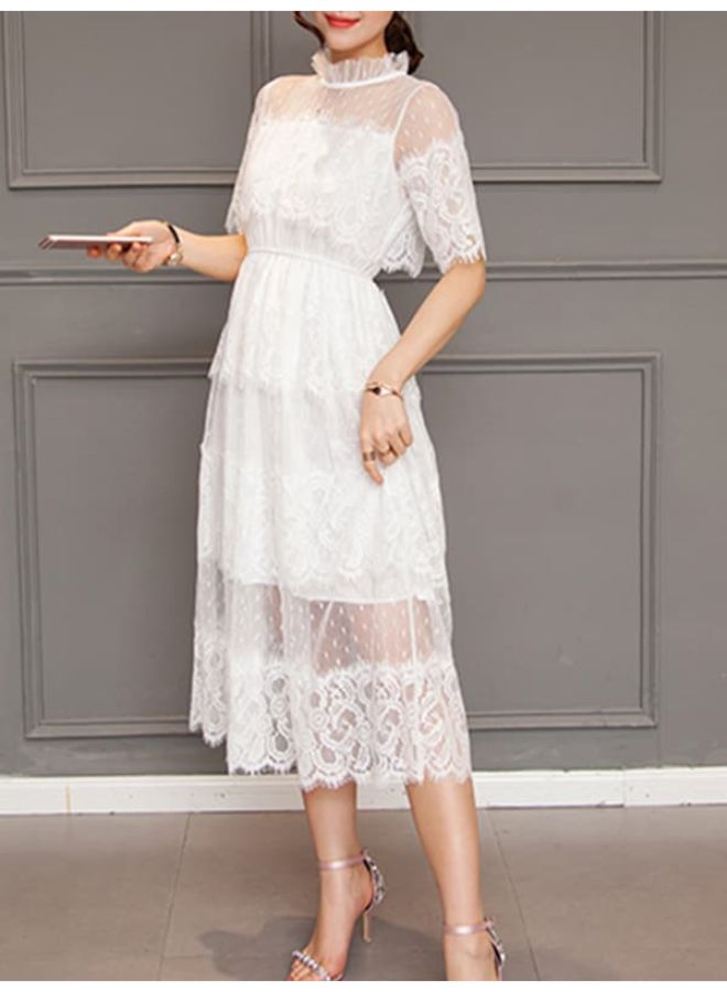 Stand Collar Lace Patchwork Tiered Dress White - Image 2