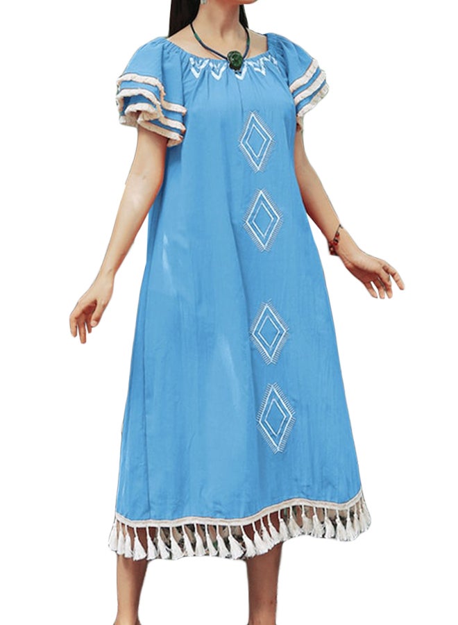 Slash Neck Tassel Flare Sleeve Dress Blue  - Image 1
