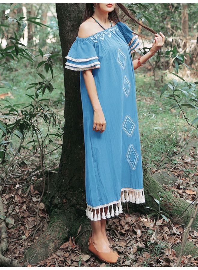 Slash Neck Tassel Flare Sleeve Dress Blue  - Image 2