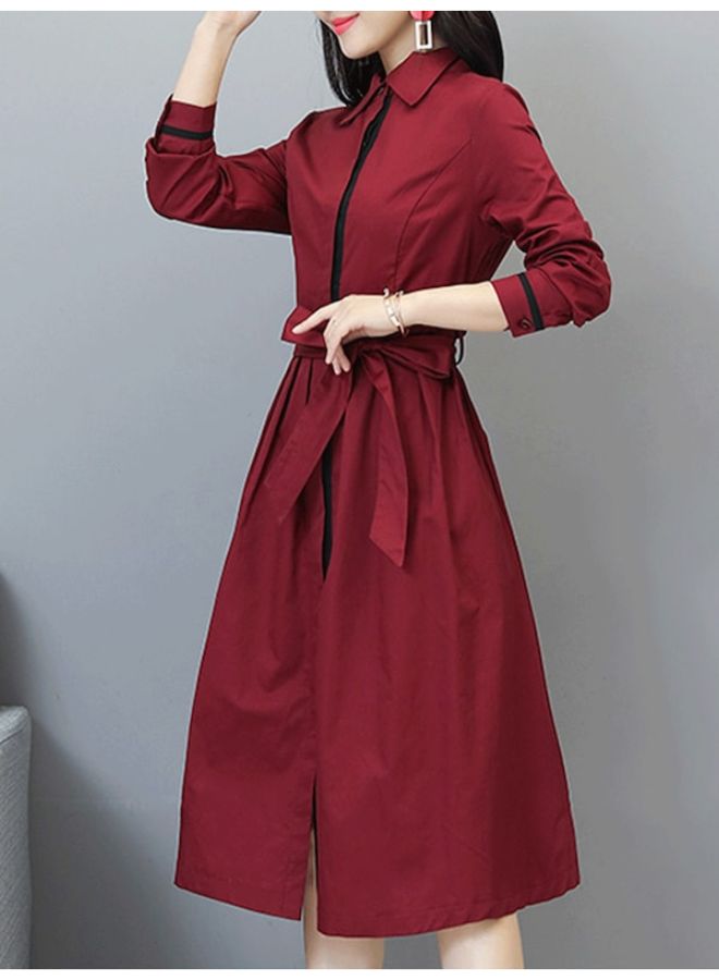 A Line Solid Pattern Long Sleeve Dress Red  - Image 2