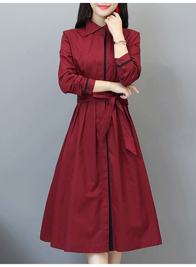 A Line Solid Pattern Long Sleeve Dress Red  - Image 3