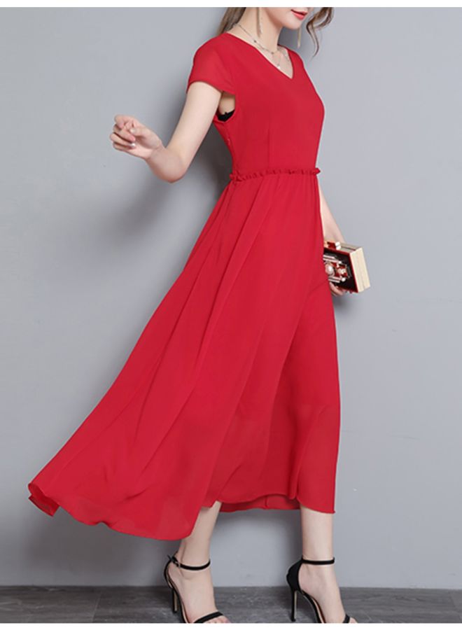 فستان طويل بخصر عالٍ بتصميم على شكل حرف A ورقبة على شكل حرف V أحمر - Image 3