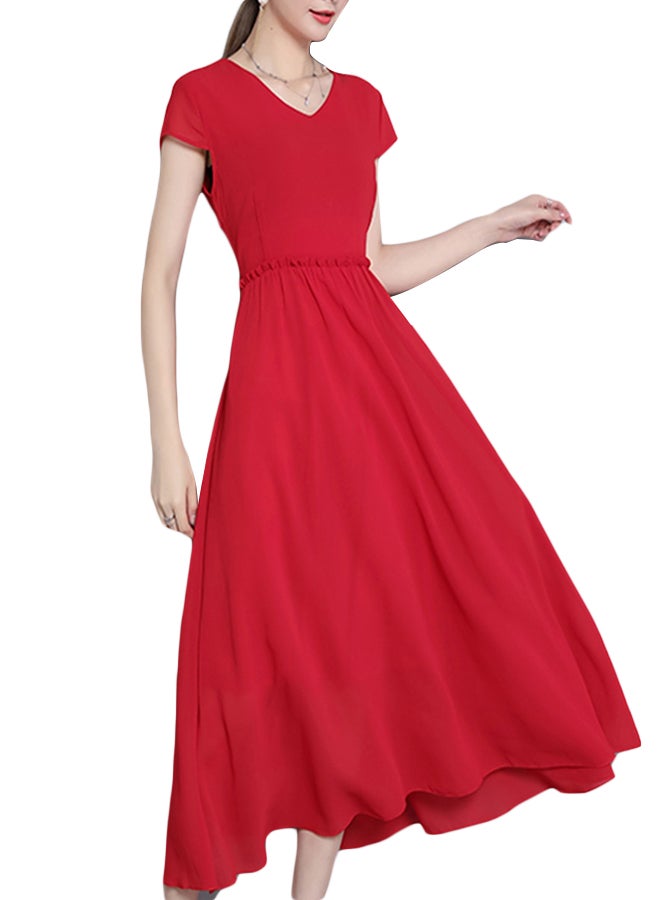 فستان طويل بخصر عالٍ بتصميم على شكل حرف A ورقبة على شكل حرف V أحمر - Image 1